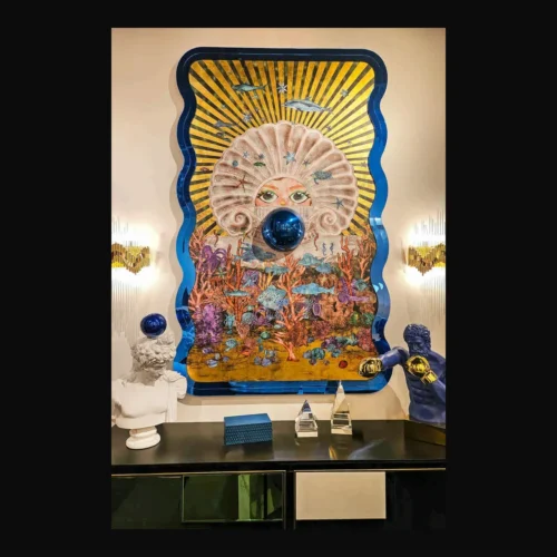 Tableau soleil et sphère bleue cadre bleu nuit Ethan Chloé 120 x 195 cm