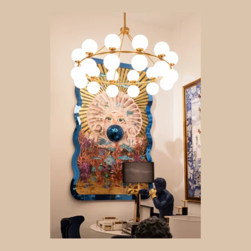 Tableau soleil et sphère bleue cadre bleu nuit Ethan Chloé 120 x 195 cm