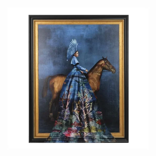 Tableaux Ethan Chloé Tableau femme à cheval robe en relief cadre doré Ethan Chloé 110 x 140 cm