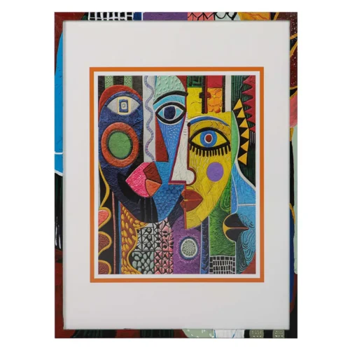 Décoration Ethan Chloé Tableau composition cubiste visages colorés cadre doré Ethan Chloé 60 x 80 cm
