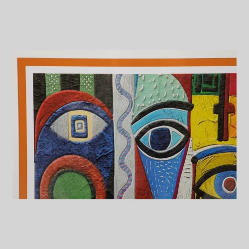 Tableau composition cubiste visages colorés cadre doré Ethan Chloé 60 x 80 cm