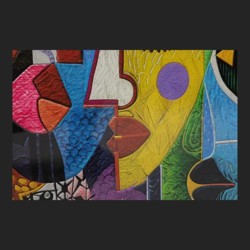 Tableau composition cubiste visages colorés cadre doré Ethan Chloé 60 x 80 cm