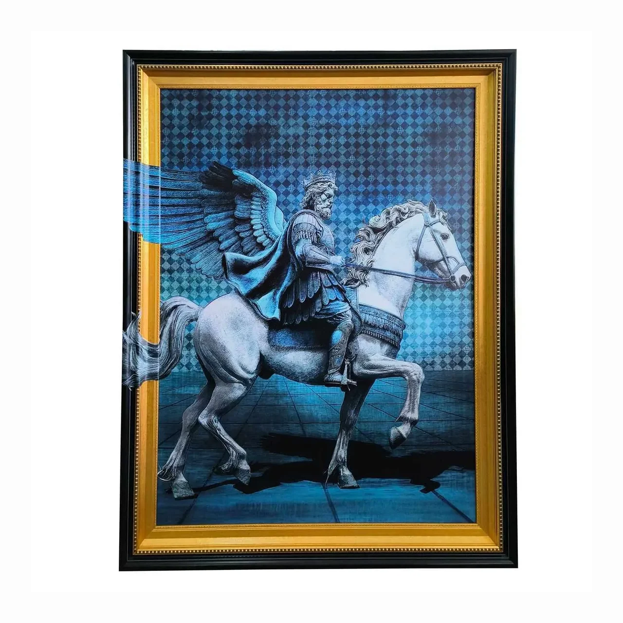 Tableau cavalier bleu nuit cadre doré Ethan Chloé 110 x 140 cm