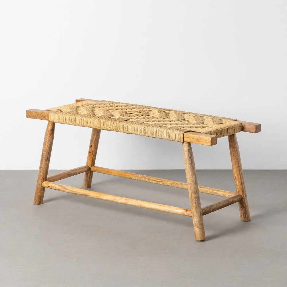 Banc bois de manguier pieds évasés assise fibre naturelle Ixia 92 cm