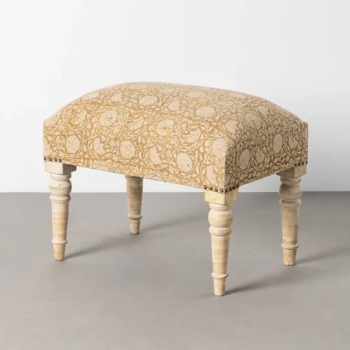 Banc tissu fleuri ocre bois de manguier Ixia 60 cm