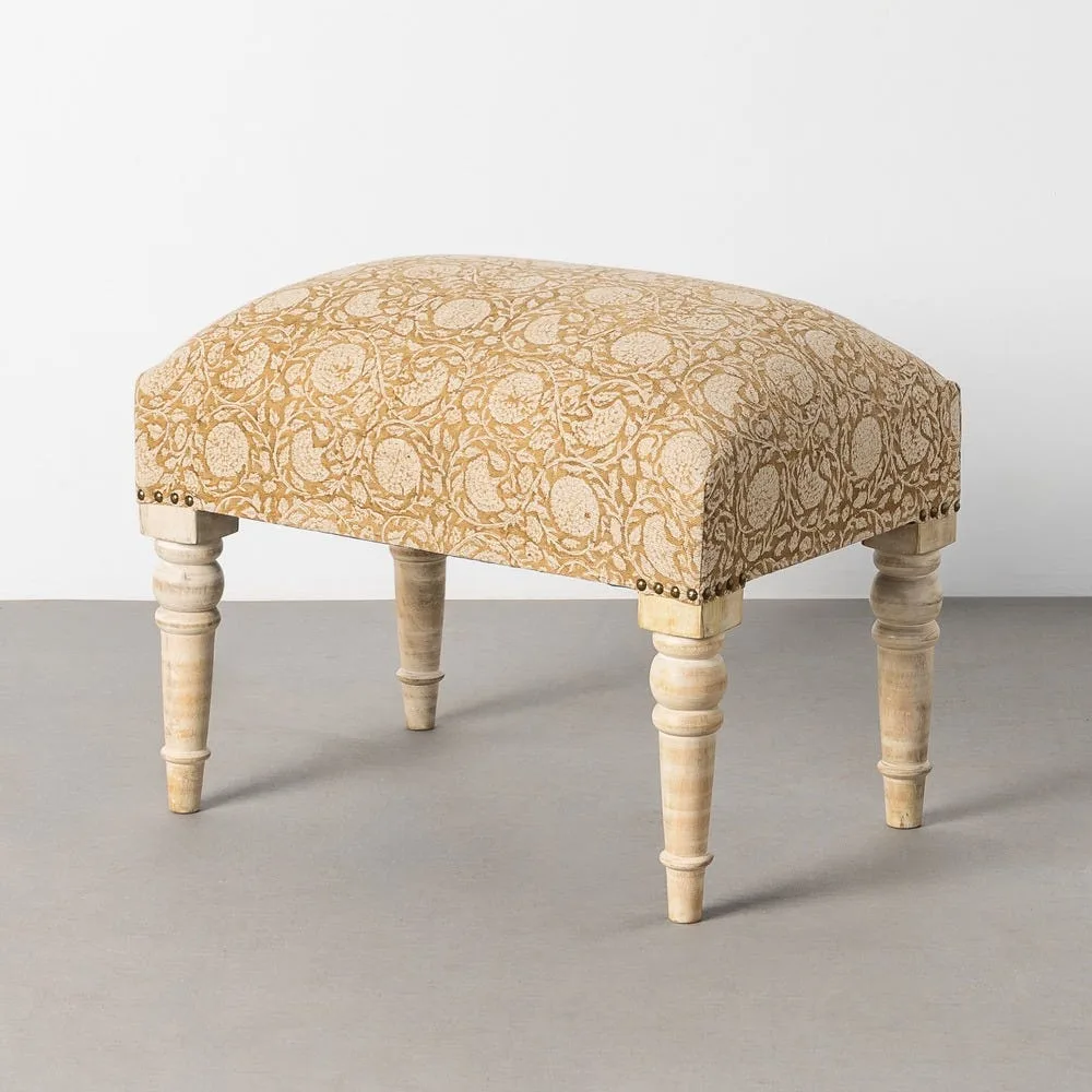 Banc tissu fleuri ocre bois de manguier Ixia 60 cm