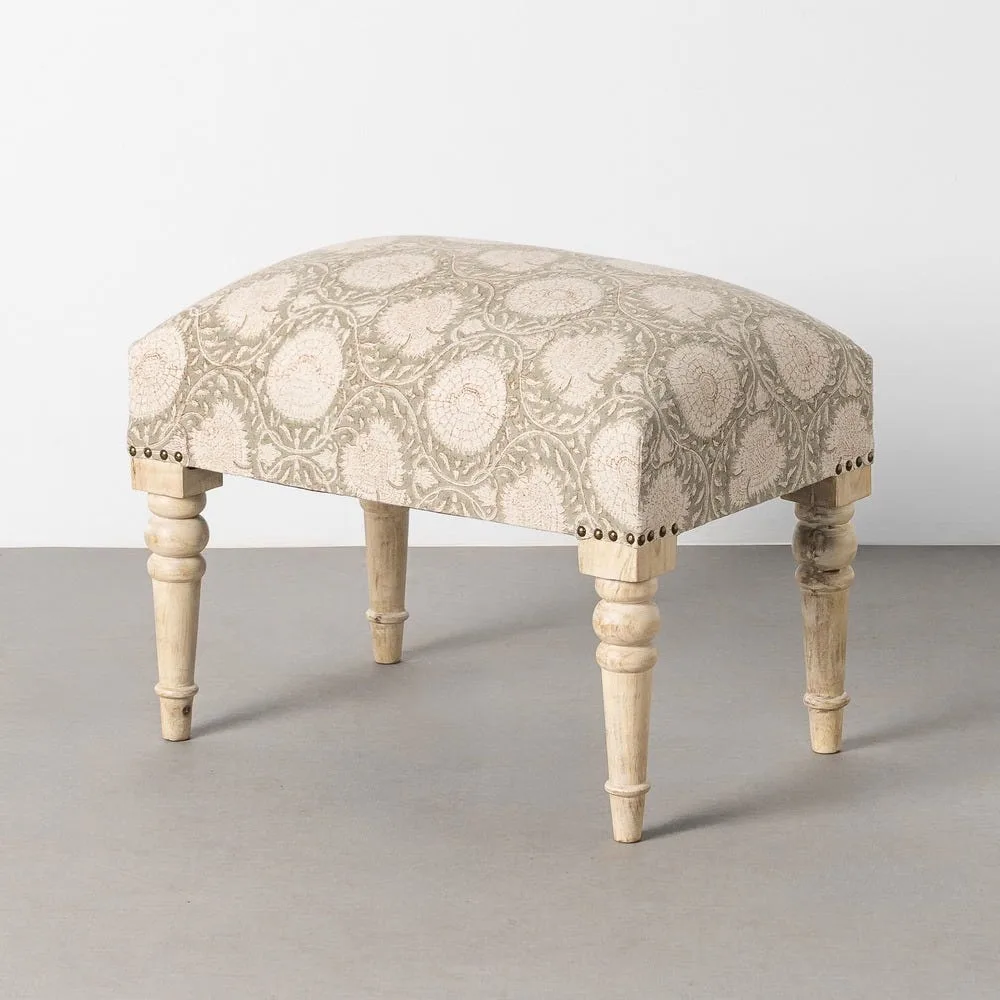Banc tissu fleuri vert sauge bois de manguier Ixia 60 cm