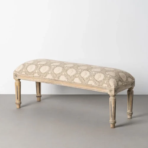 Banc tissu fleuri vert sauge pieds cannelés bois de manguier Ixia 119 cm