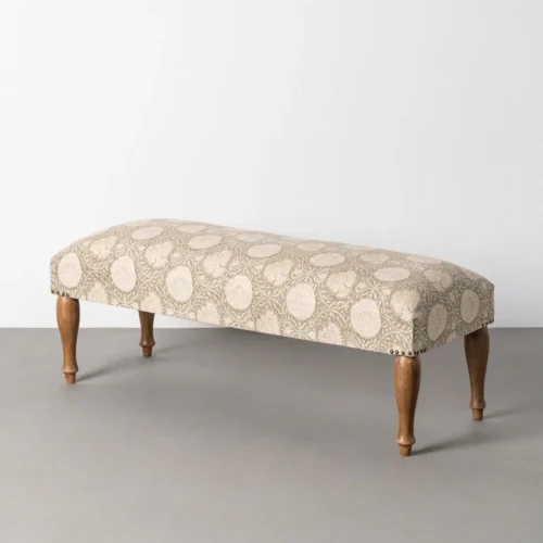 Meuble de salon Banc tissu fleuri vert sauge pieds tournés bois de manguier Ixia 115 cm