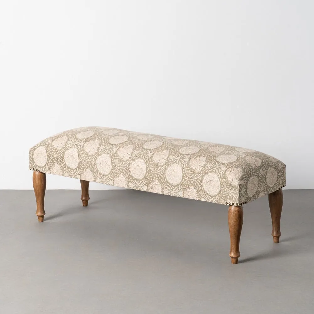 Banc tissu fleuri vert sauge pieds tournés bois de manguier Ixia 115 cm