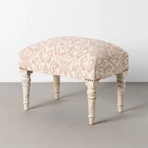 Banc tissu imprimé rose poudré bois de manguier Ixia 60 cm