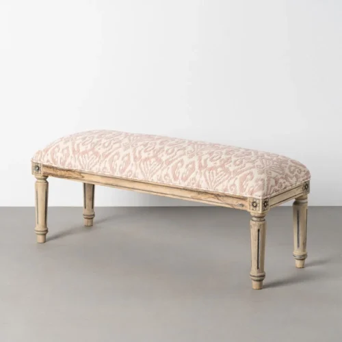 Banc tissu imprimé rose poudré pieds cannelés bois de manguier Ixia 119 cm