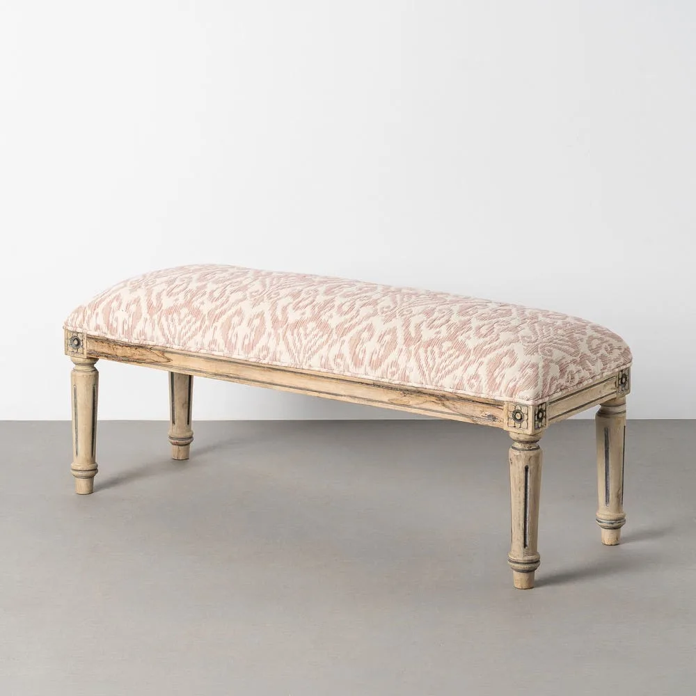 Banc tissu imprimé rose poudré pieds cannelés bois de manguier Ixia 119 cm