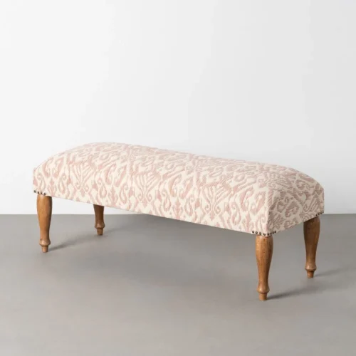 Banc tissu imprimé rose poudré pieds tournés bois de manguier Ixia 115 cm