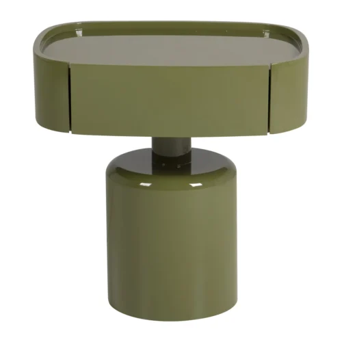 Table de chevet laquée vert olive Sutura avec tiroir pied colonne Ethan Chloé 51 cm — vue 2