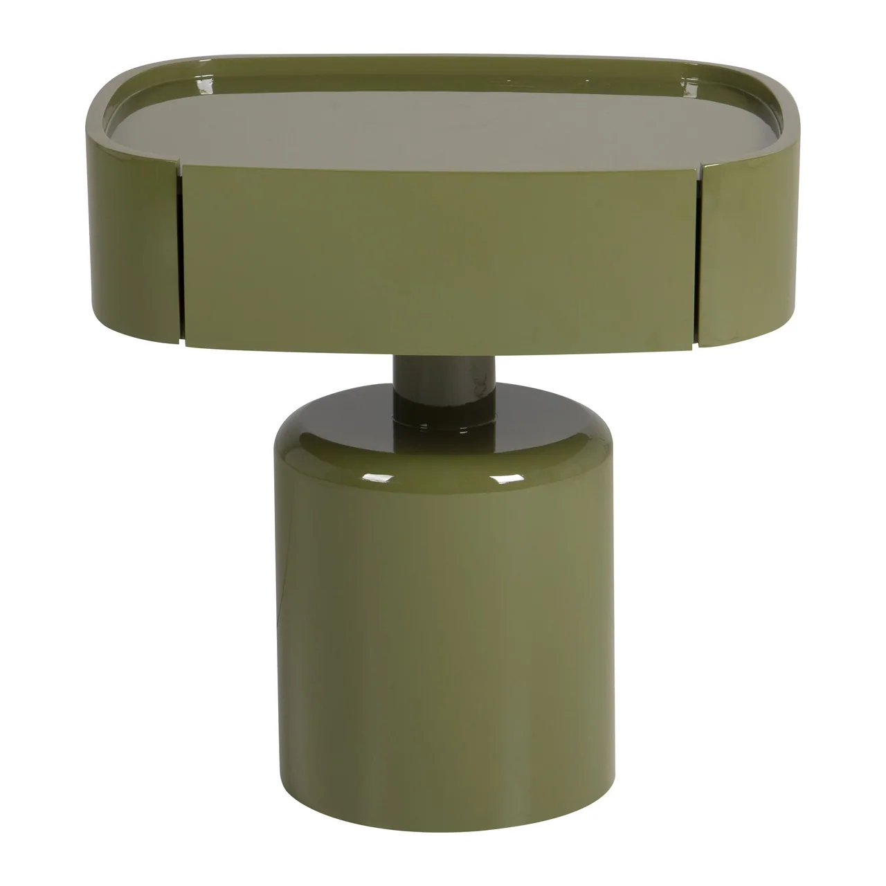 Table de chevet laquée vert olive Sutura avec tiroir pied colonne Ethan Chloé 51 cm — vue 2
