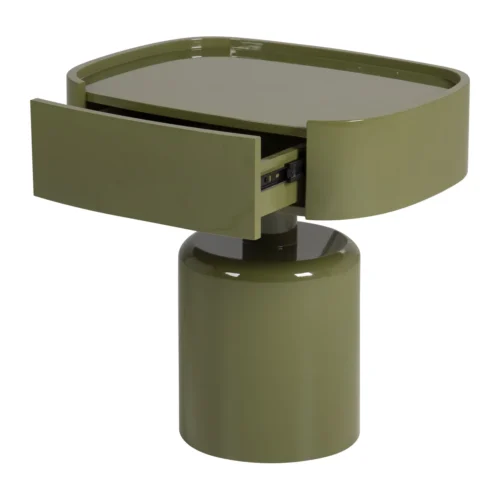 Table de chevet laquée vert olive Sutura avec tiroir pied colonne Ethan Chloé 51 cm — vue 3