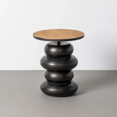 Bout de canapé rond plateau bois naturel métal noir galets empilés Ixia Ø 40 cm
