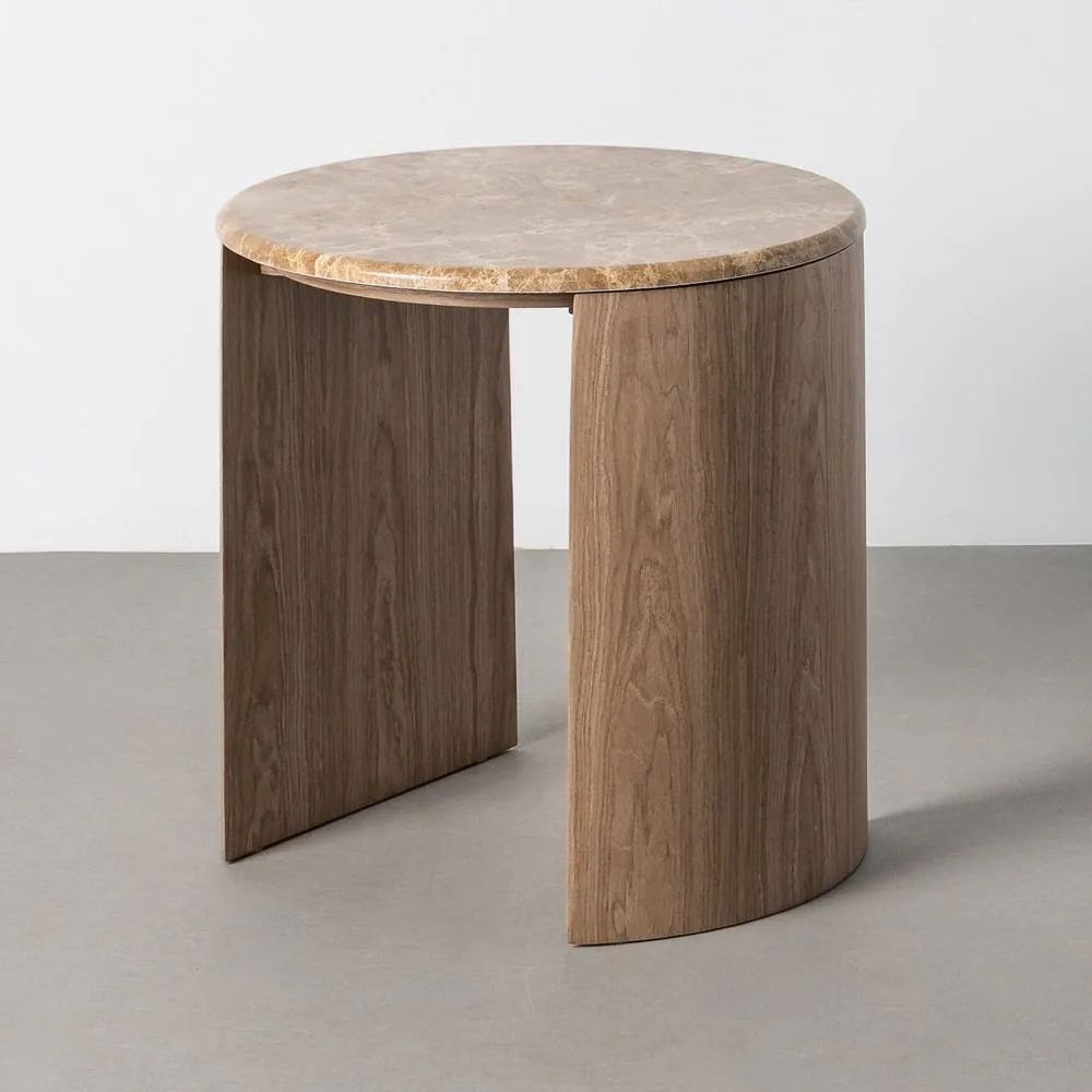 Bout de canapé rond plateau marbre effet bois Ixia 50 cm