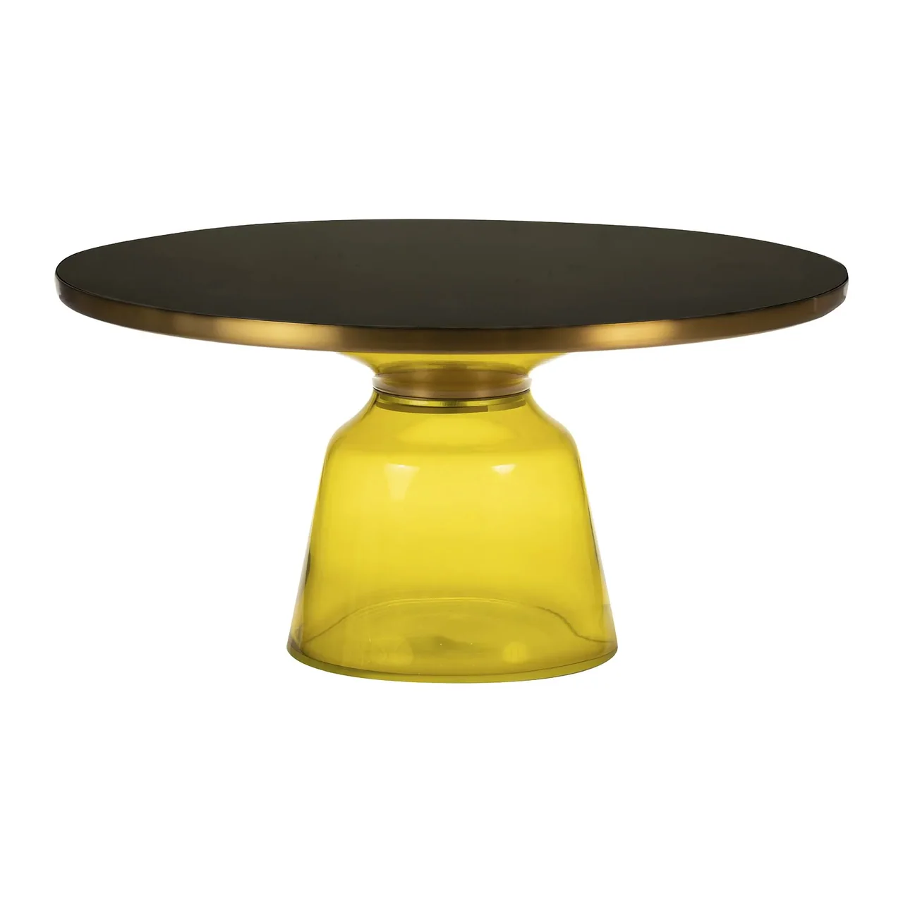Table basse verre soufflé jaune ronde cerclée de métal doré Ethan Chloé 75 cm