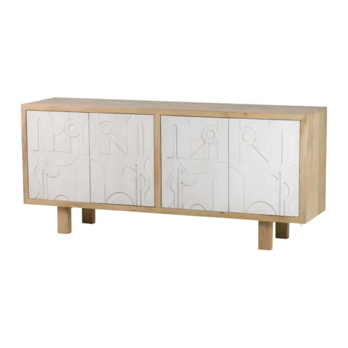 Buffets Ethan Chloé Buffet bois de manguier sculpté Janto décor blanc en relief Ethan Chloé 180 cm