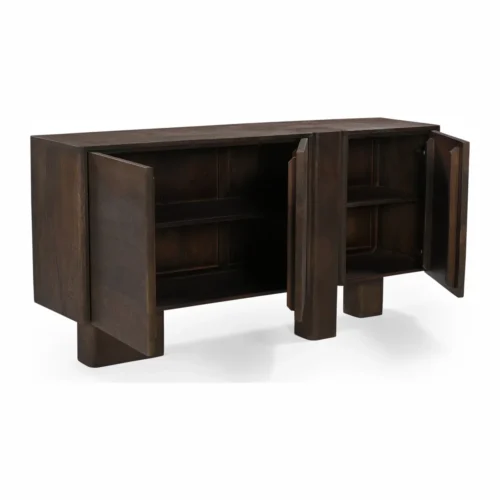 Buffet bois de mindi sculpté brun 2 portes pieds blocs Ethan Chloé 200 cm — vue 4