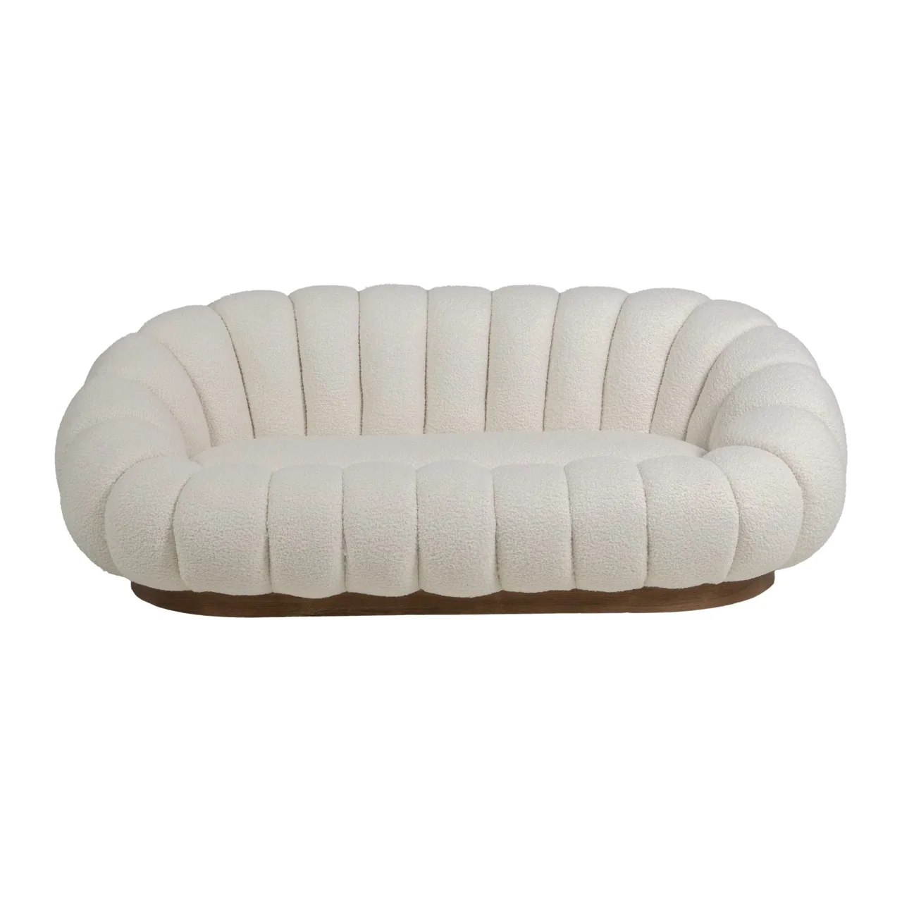 Canapé coquillage bouclette blanc cassé socle bois Ethan Chloé 185 cm