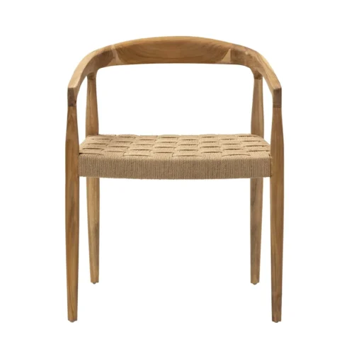 Chaise à accoudoirs dossier courbe teck et corde Ethan Chloé assise basse 58 cm