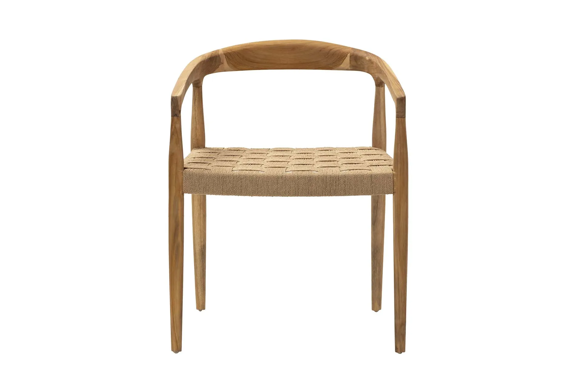 Chaise à accoudoirs dossier courbe teck et corde Ethan Chloé assise basse 58 cm