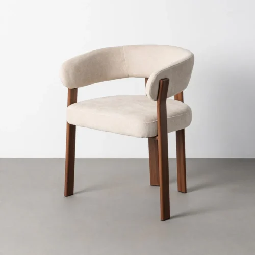 Chaise avec accoudoirs tissu crème piètement effet noyer Ixia 55 cm