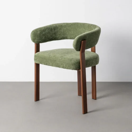 Chaise avec accoudoirs tissu vert piètement effet noyer Ixia 55 cm