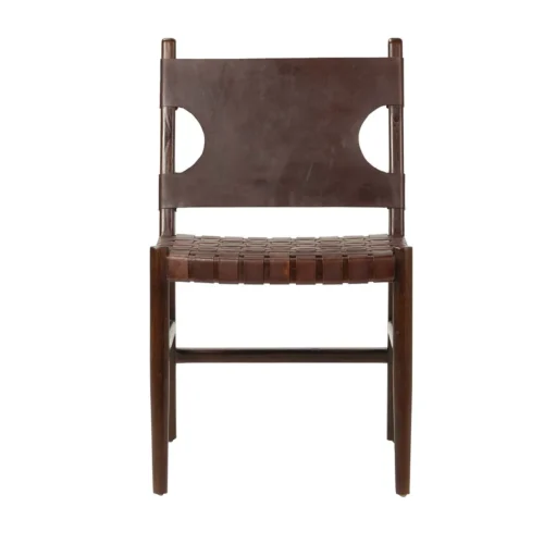 Chaises et tables à manger Ethan Chloé Chaise teck et cuir marron lanières croisées Ethan Chloé 85 cm de haut — vue 2