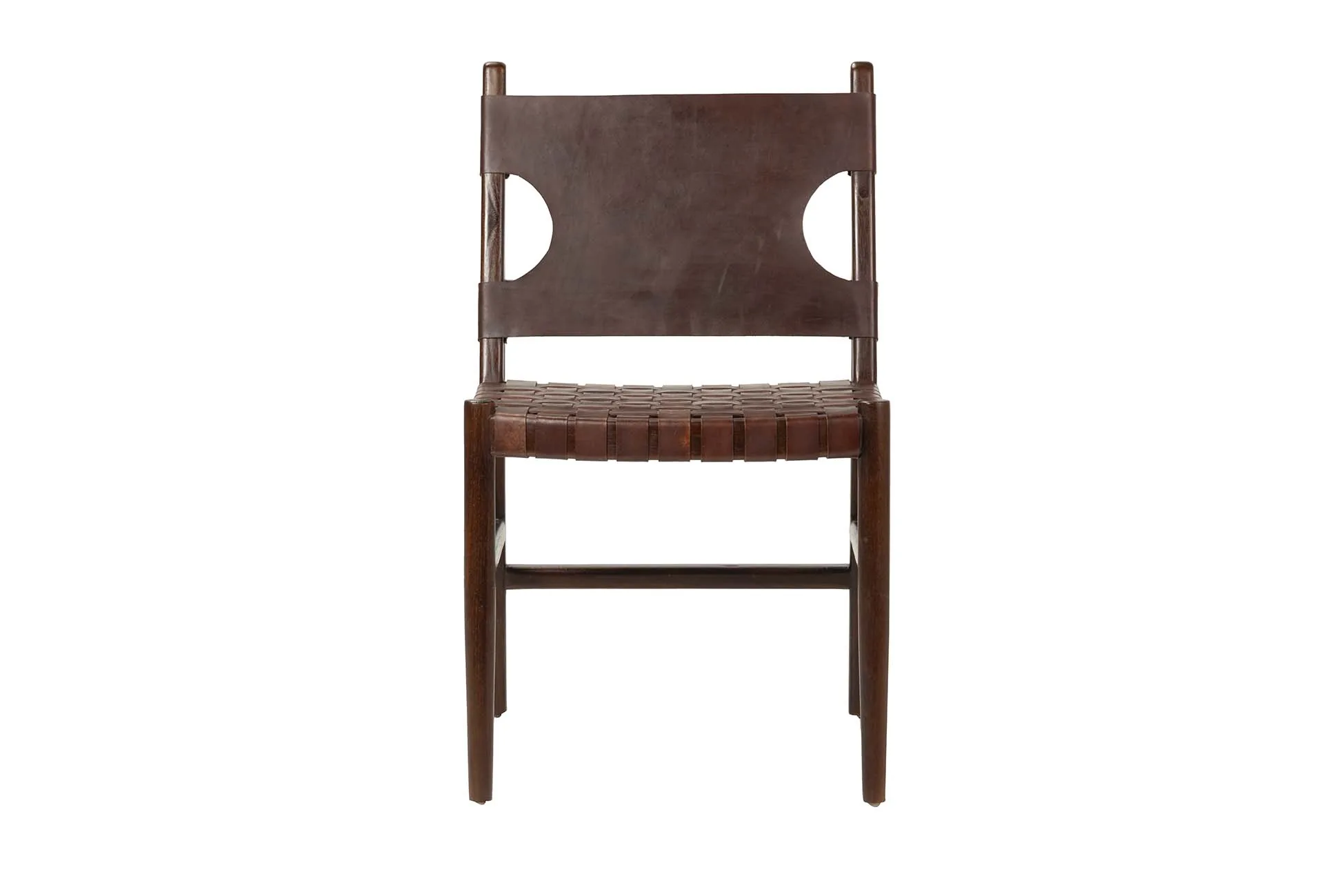 Chaise teck et cuir marron lanières croisées Ethan Chloé 85 cm de haut — vue 2