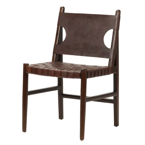 Chaise teck et cuir marron lanières croisées Ethan Chloé 85 cm de haut — vue 3