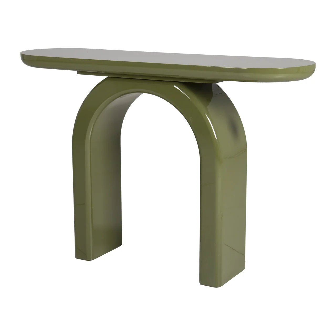 Console laquée vert olive Sutura piétement en arche Ethan Chloé 120 cm