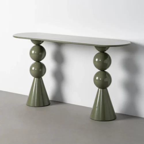 Console métal vert olive pieds sphères Ixia 150 cm