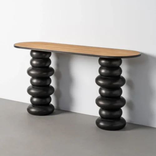 Console plateau bois naturel et galets empilés métal noir Ixia 150 cm