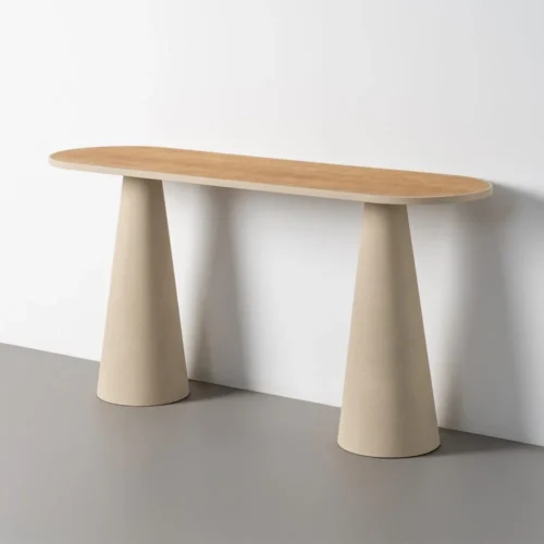 Console plateau bois naturel et pieds coniques métal crème Ixia 150 cm