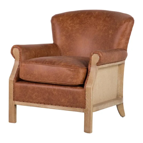 Fauteuil club aspect cuir cognac, jute et frêne Ethan Chloé 76 cm — vue 2