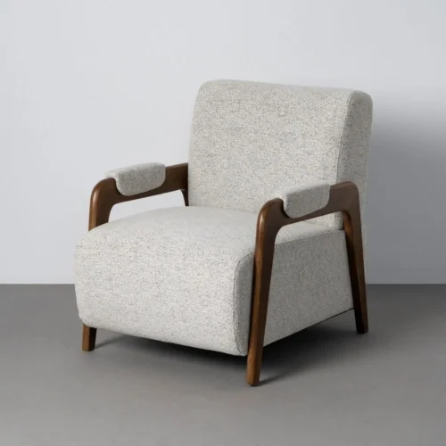 Fauteuil tissu chiné beige bois de frêne Ixia 70 cm