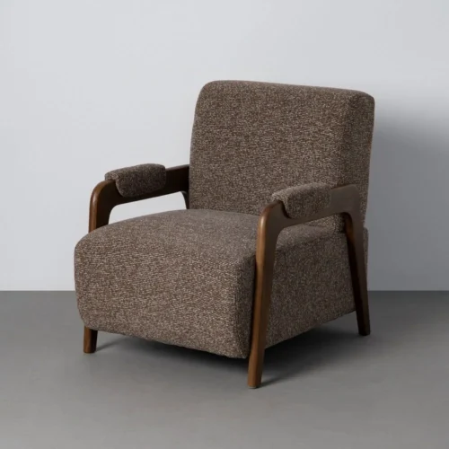 Fauteuil tissu chiné marron bois de frêne Ixia 70 cm