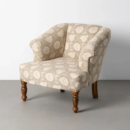 Fauteuil tissu fleuri vert sauge bois de manguier Ixia 80 cm