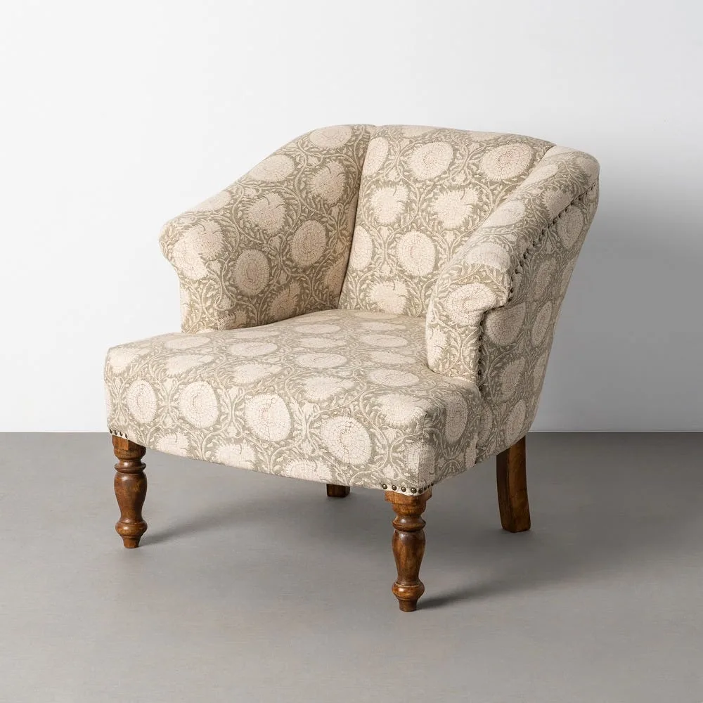Fauteuil tissu fleuri vert sauge bois de manguier Ixia 80 cm