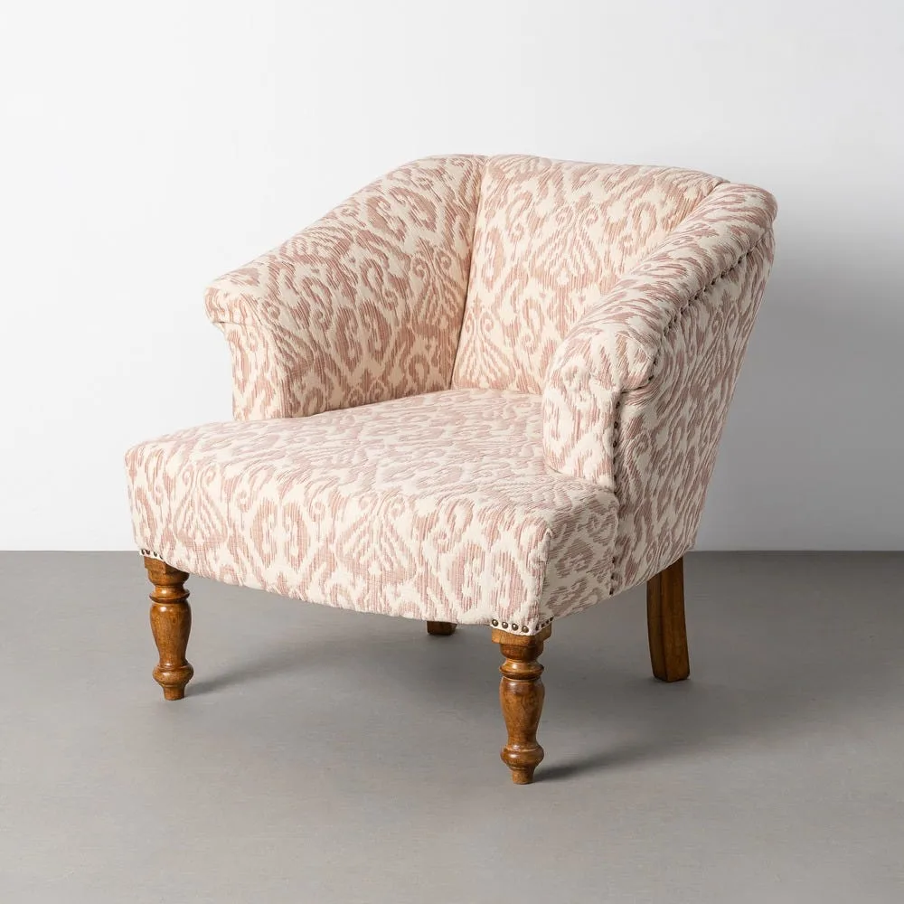 Fauteuil tissu imprimé rose poudré bois de manguier Ixia 80 cm