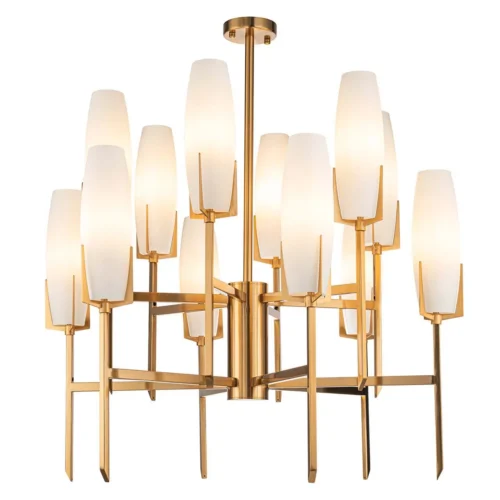 Lustres et suspensions Ethan Chloé Grand lustre à branches dorées et tulipes de verre opalin Ethan Chloé 92 cm
