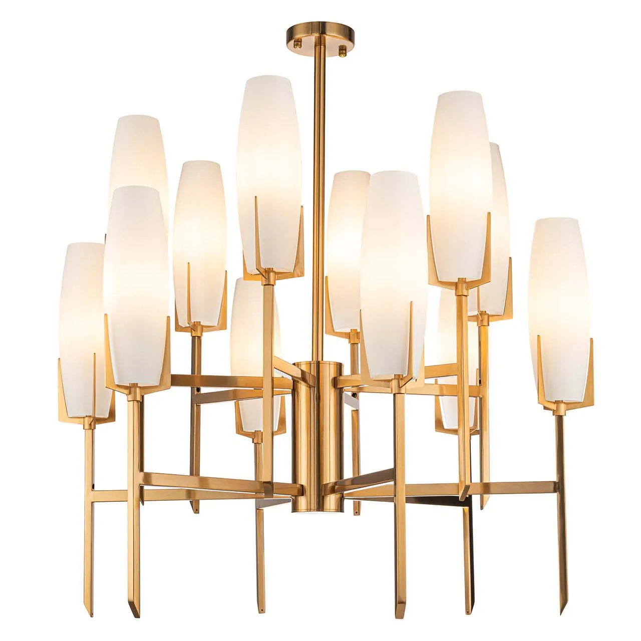 Grand lustre à branches dorées et tulipes de verre opalin Ethan Chloé 92 cm