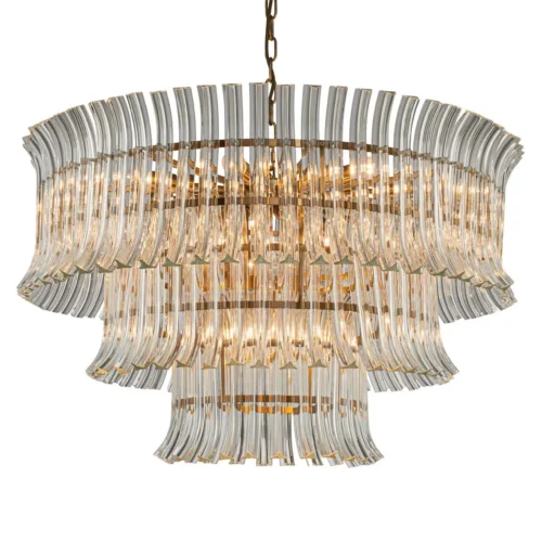 Lustres et suspensions Ethan Chloé Grand lustre lames de verre clair trois étages monture dorée Ethan Chloé 86 cm
