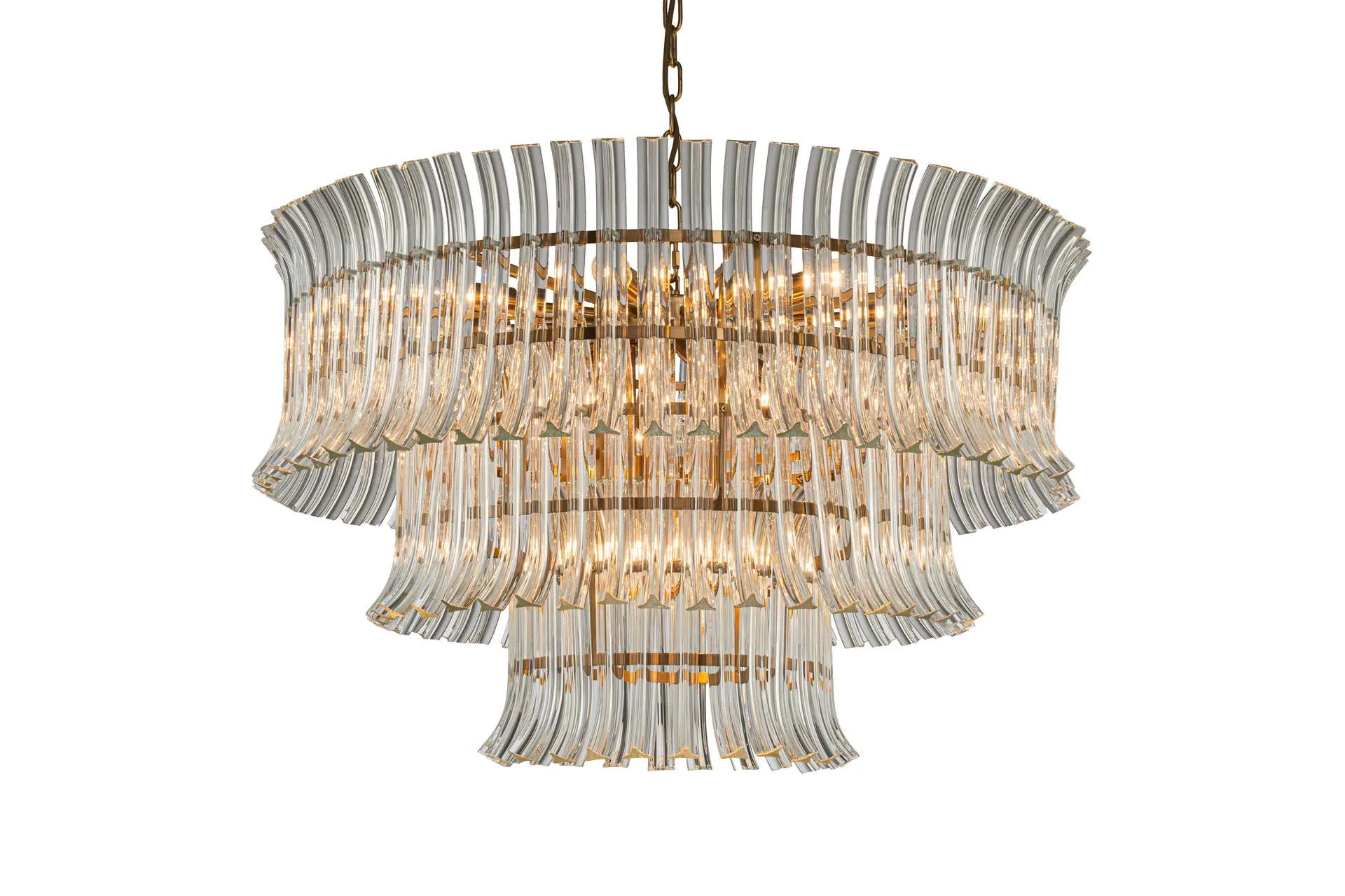Grand lustre lames de verre clair trois étages monture dorée Ethan Chloé 86 cm
