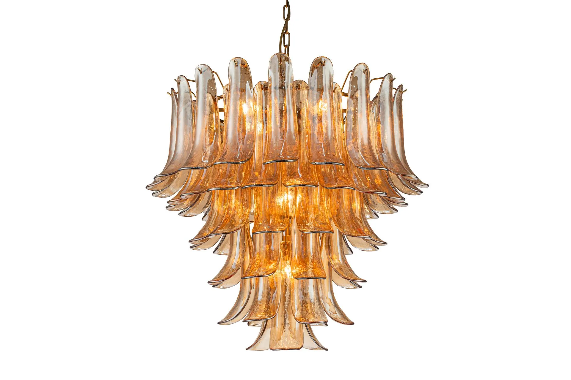 Grand lustre pétales de verre ambré en cascade sept lumières Ethan Chloé 75 cm