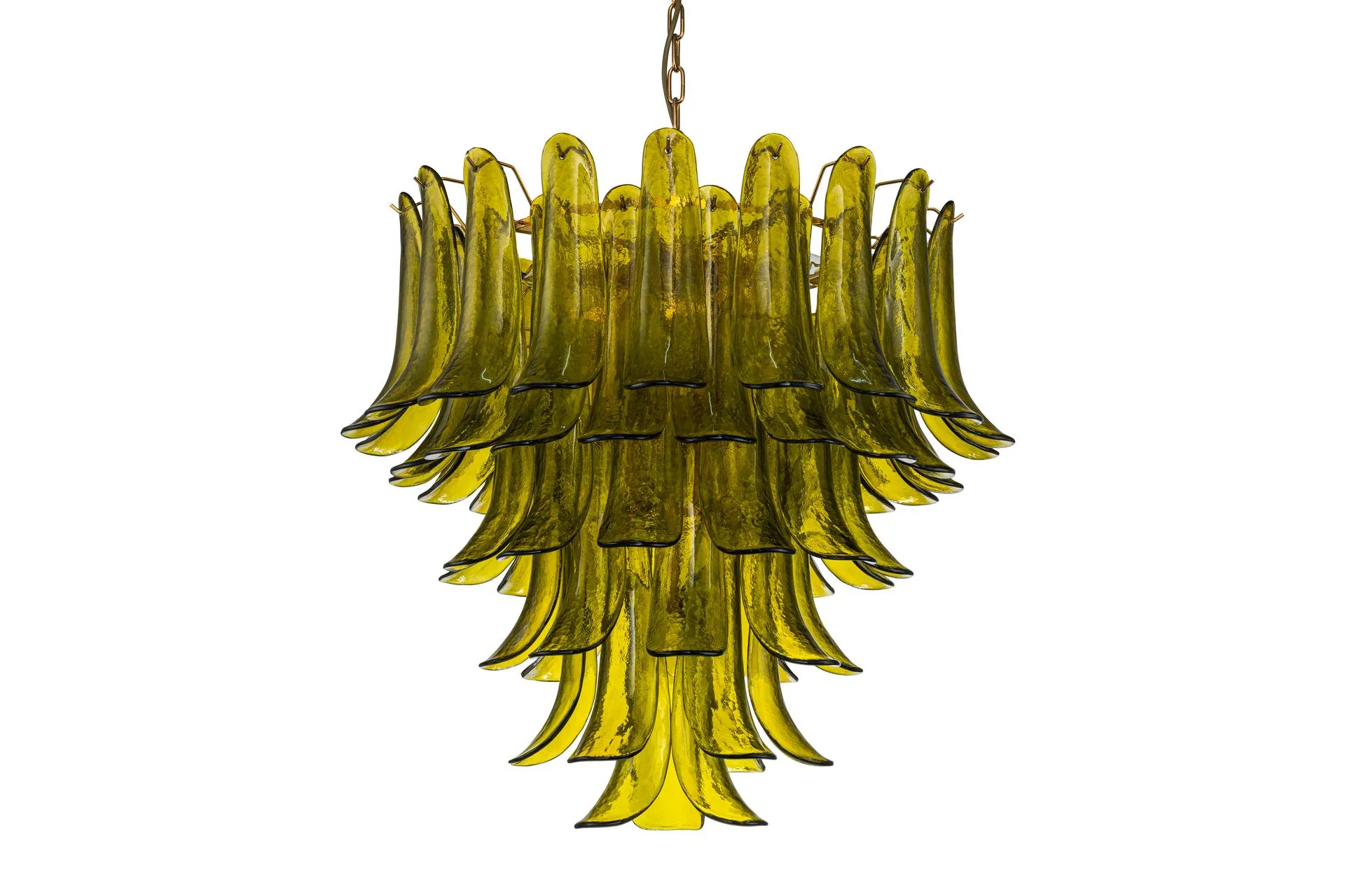 Grand lustre pétales de verre vert olive sept lumières Ethan Chloé 75 cm